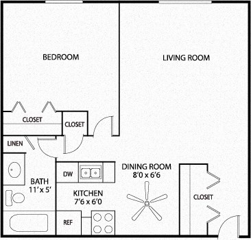 Floor plan for 1 bed, 1 bath, 700 sqft